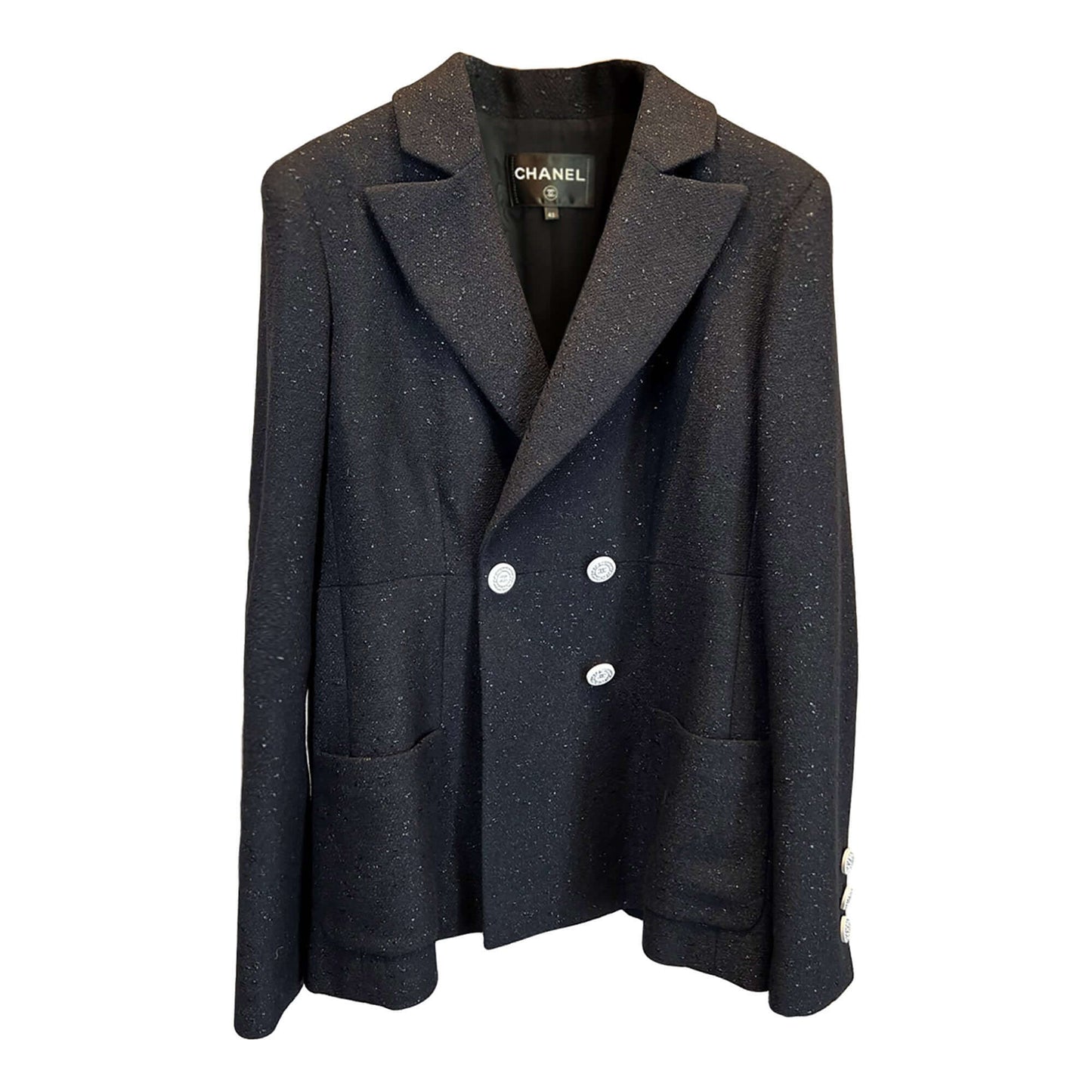 Chanel black jacket with white buttons