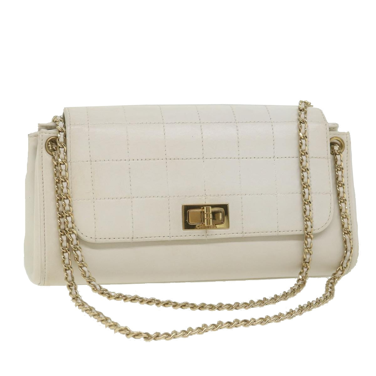 CHANEL Choco Bar line Chain Shoulder Bag Leather White CC bs10047