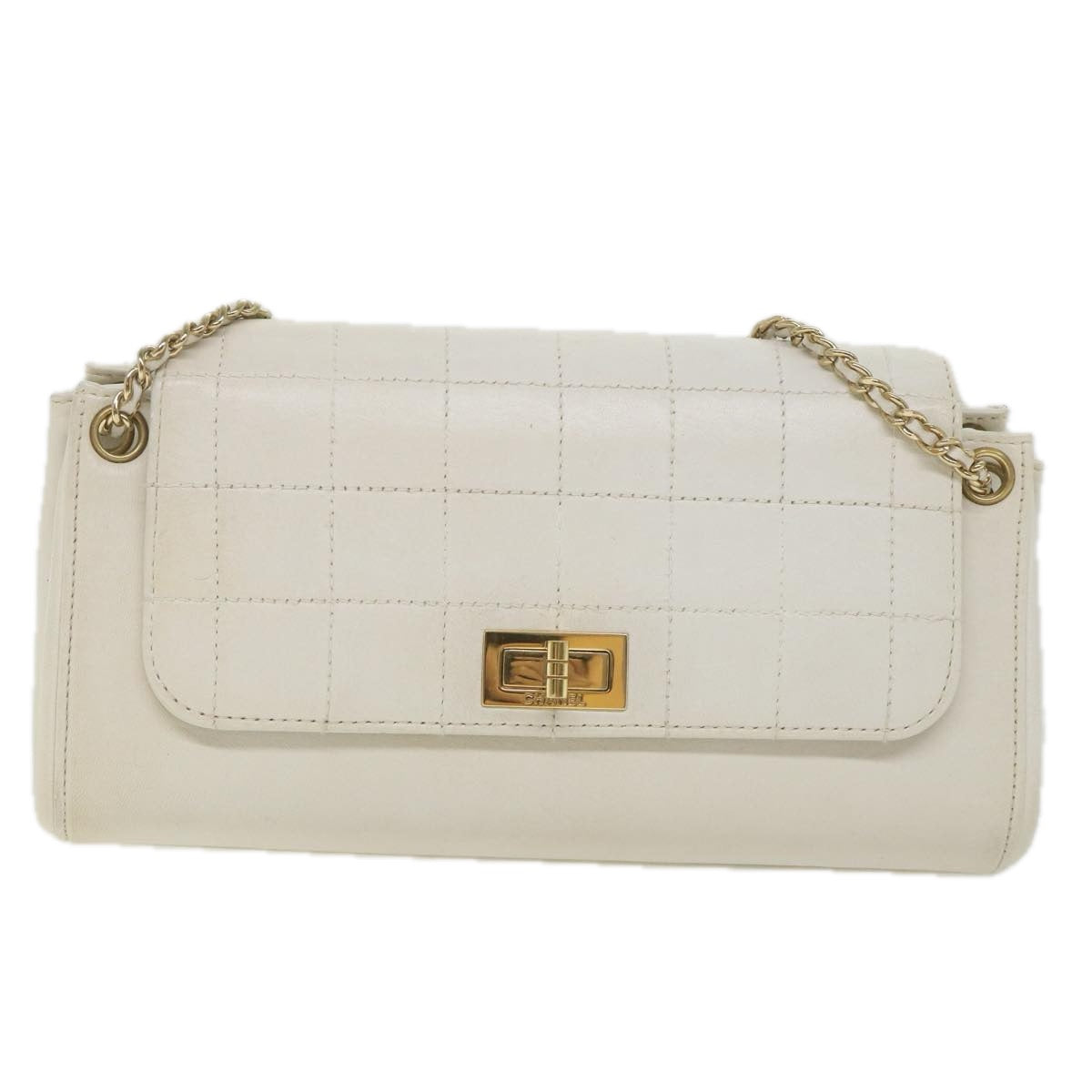 CHANEL Choco Bar line Chain Shoulder Bag Leather White CC bs10047