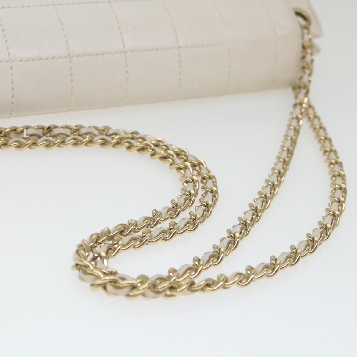 CHANEL Choco Bar line Chain Shoulder Bag Leather White CC bs10047