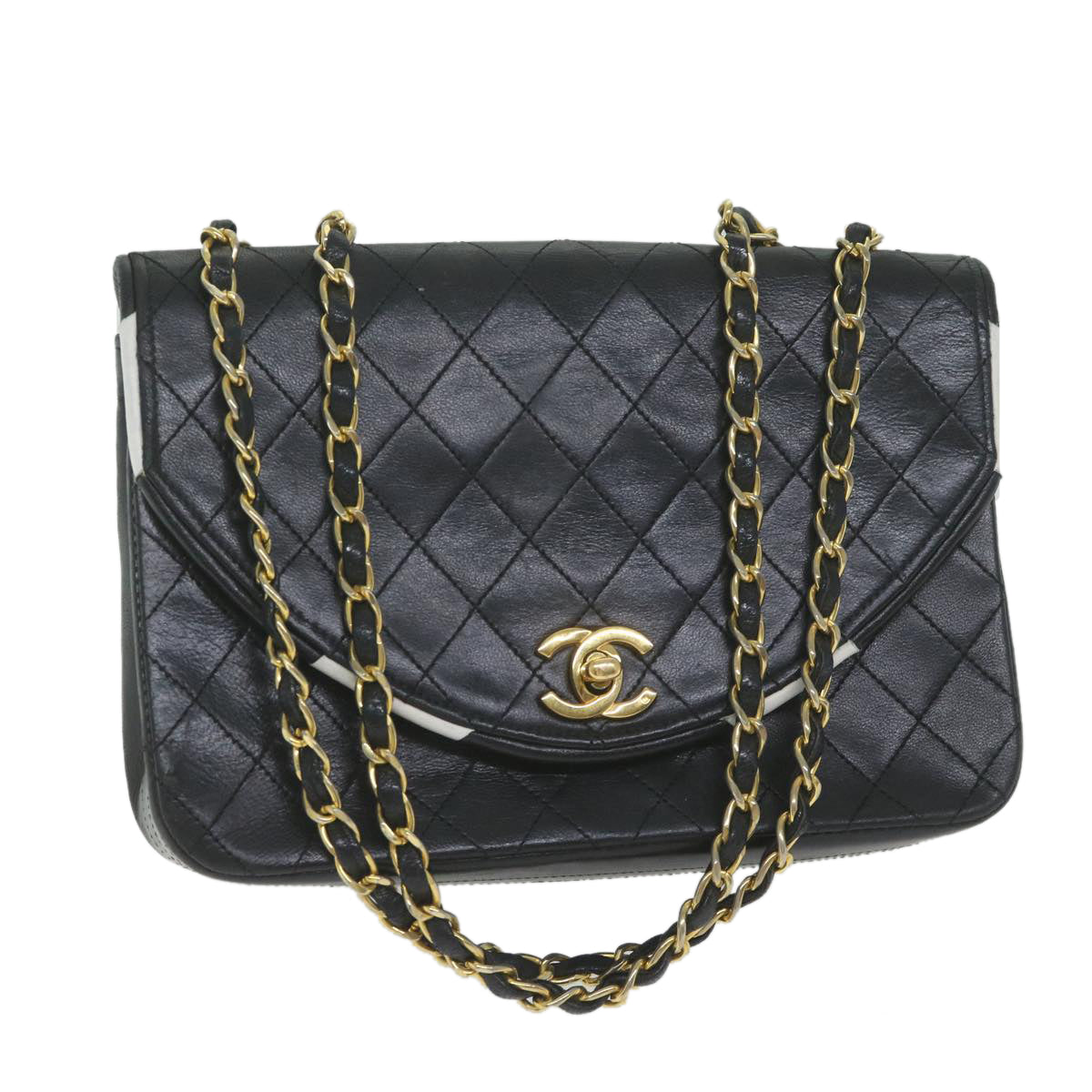 CHANEL Matelasse Chain Shoulder Bag Lamb Skin Black White CC bs10325