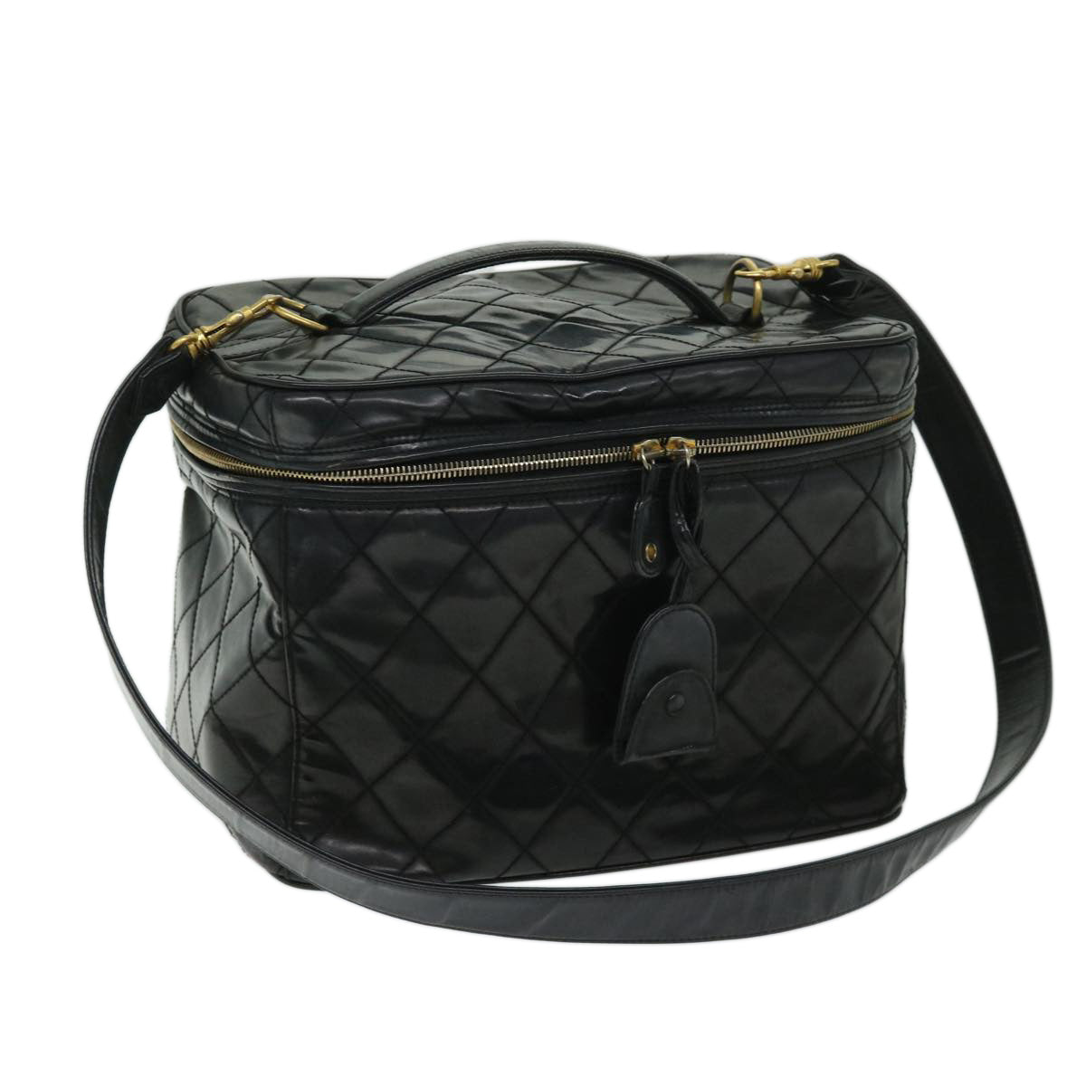 CHANEL Vanity Cosmetic Pouch Patent leather 2way Black CC bs11283