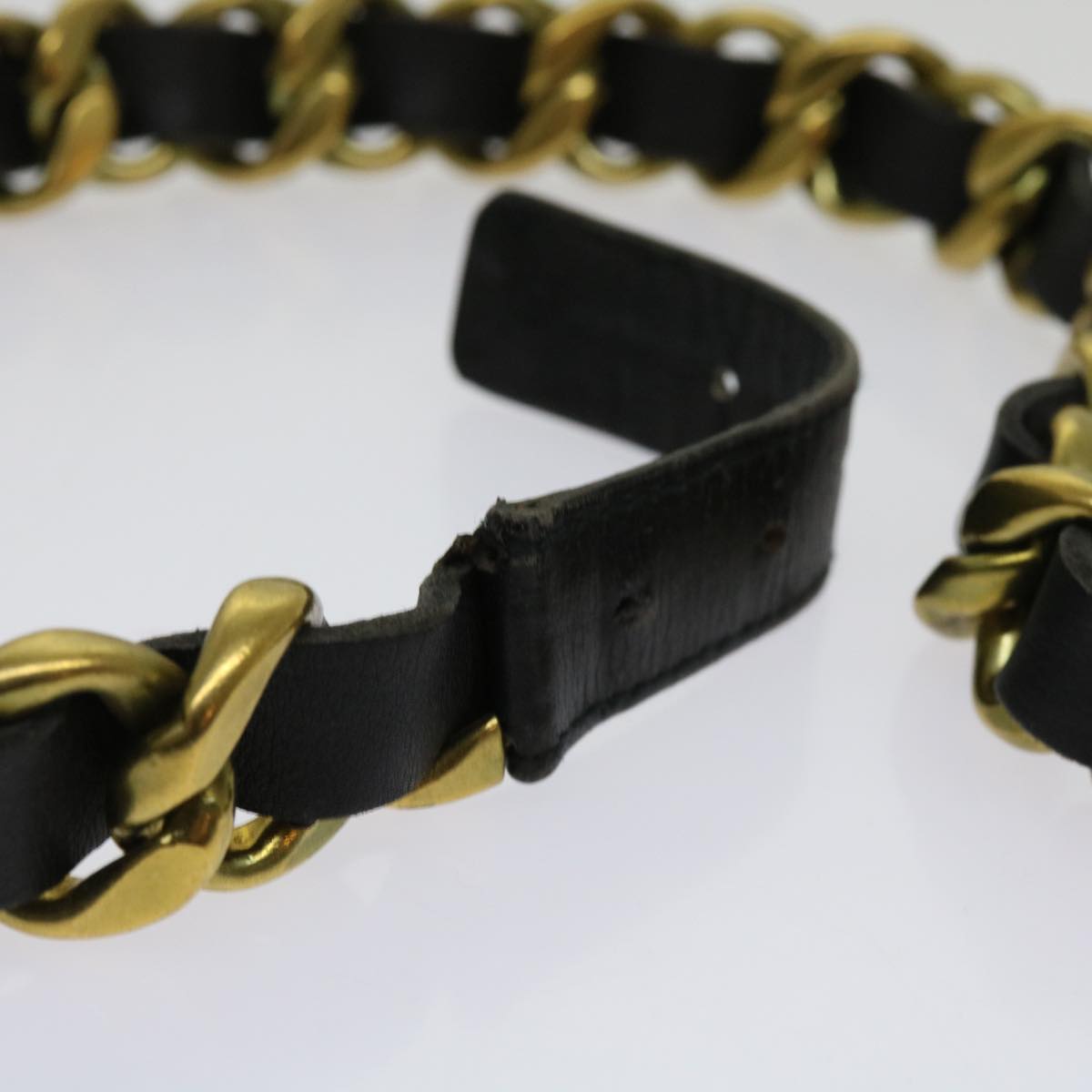 CHANEL Belt Leather 25.6""""""""-27.6"""""""" Gold Tone Black CC bs11333