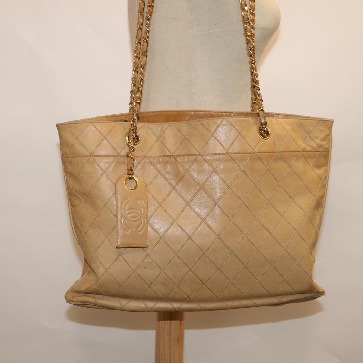 CHANEL Chain Shoulder Bag Leather Beige CC bs12132