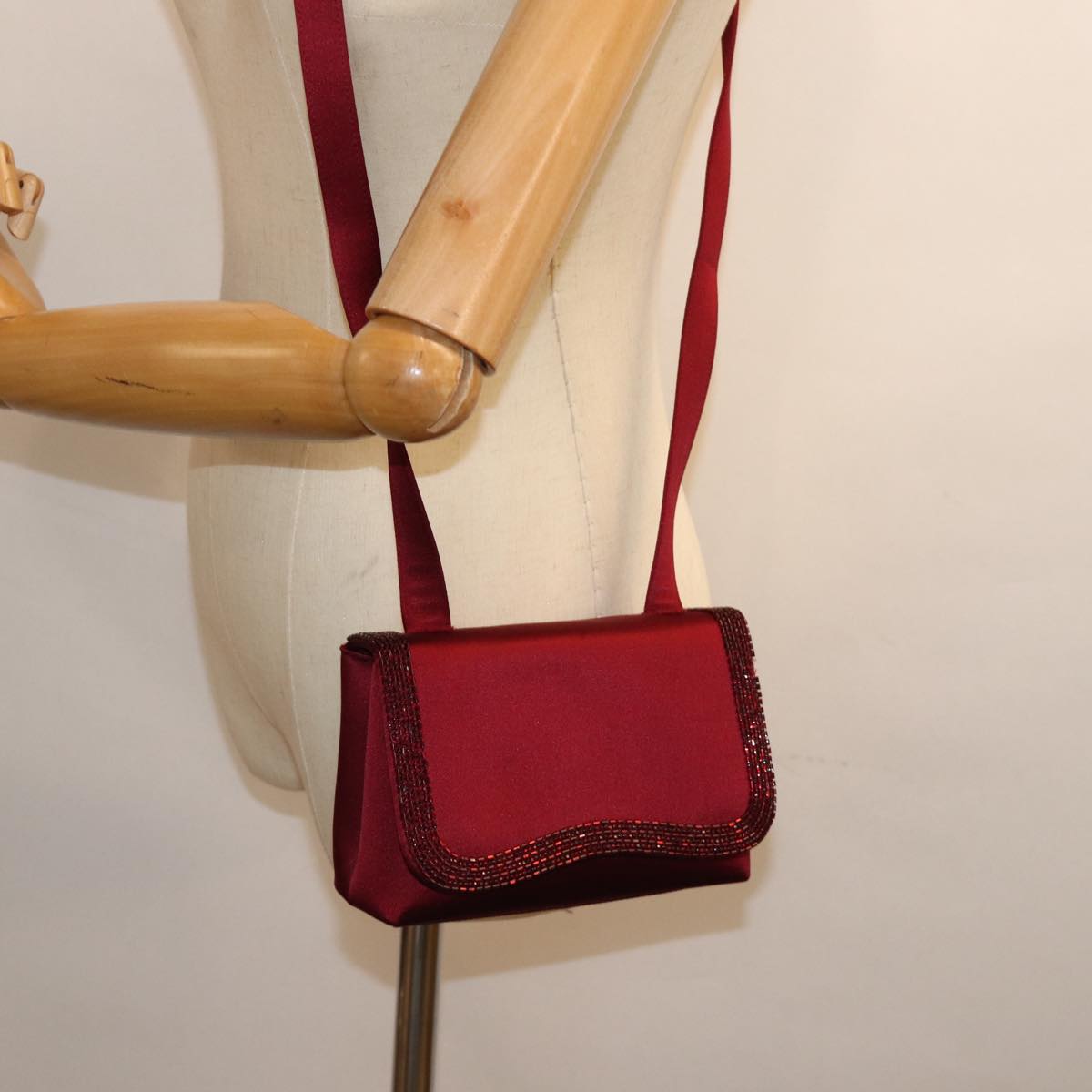 CHANEL Shoulder Bag Satin Red CC bs13944