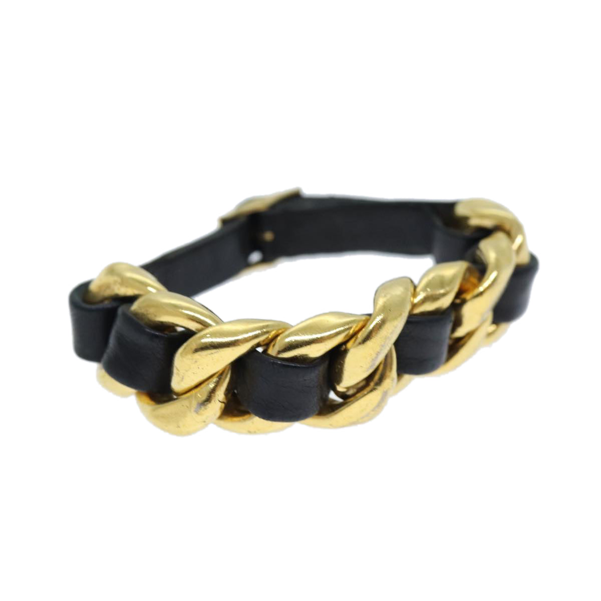 CHANEL Bracelet Metal Leather Gold Black CC bs13971