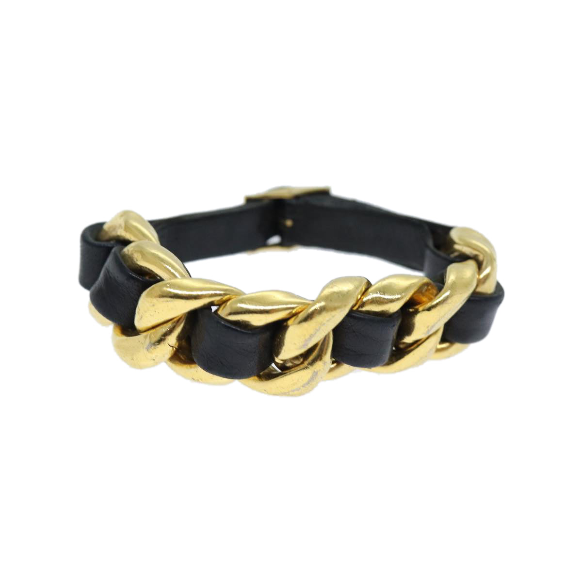 CHANEL Bracelet Metal Leather Gold Black CC bs13971