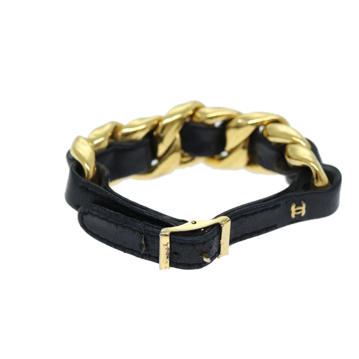 CHANEL Bracelet Metal Leather Gold Black CC bs13971