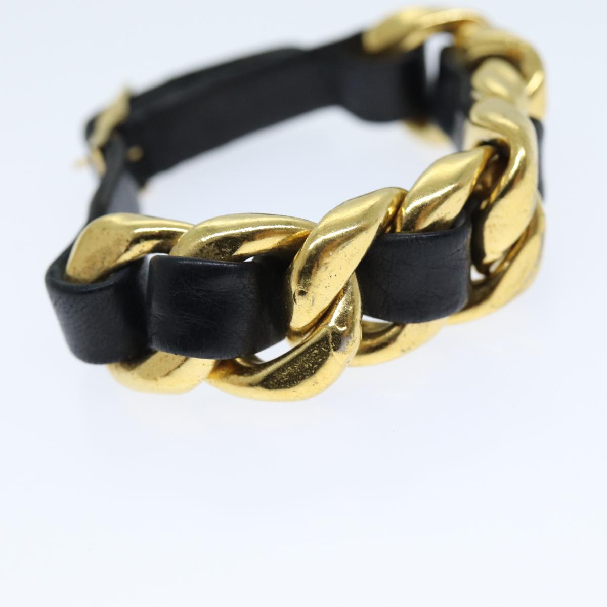 CHANEL Bracelet Metal Leather Gold Black CC bs13971
