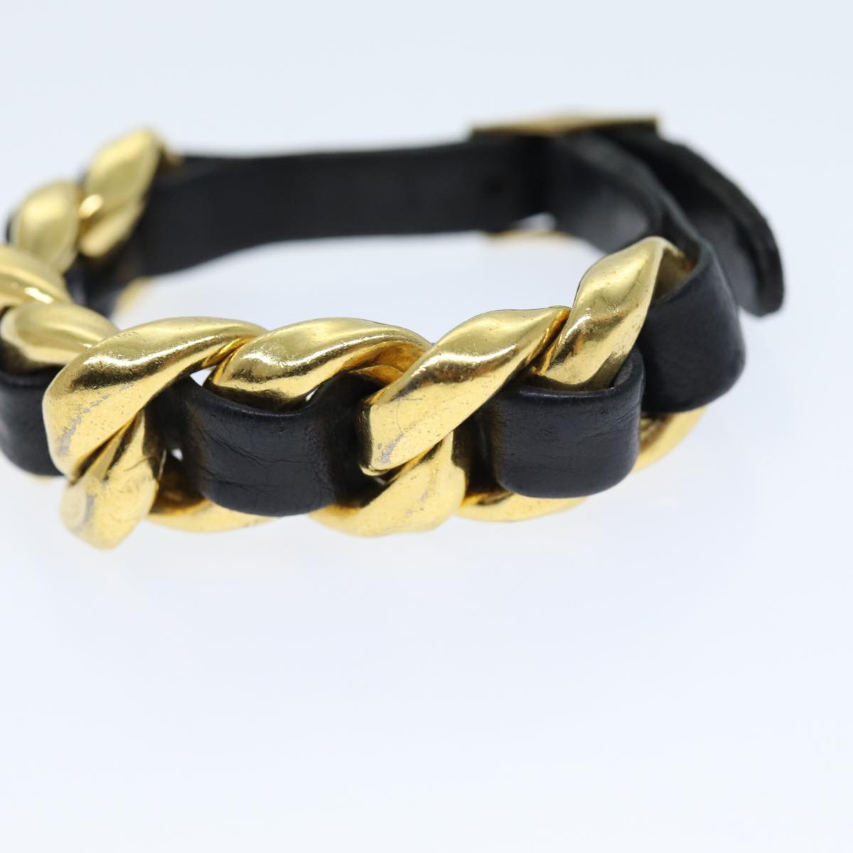 CHANEL Bracelet Metal Leather Gold Black CC bs13971