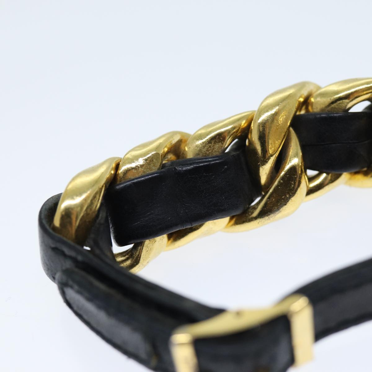 CHANEL Bracelet Metal Leather Gold Black CC bs13971