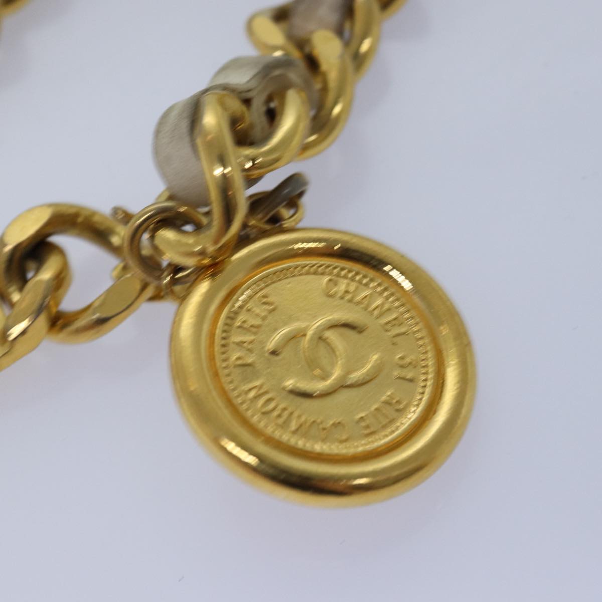 CHANEL Chain Belt metal 32.3"""""""" Gold White CC bs14521