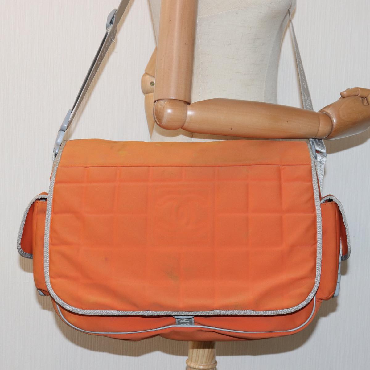 CHANEL Choco Bar Sports Line Shoulder Bag Nylon Orange CC bs15857
