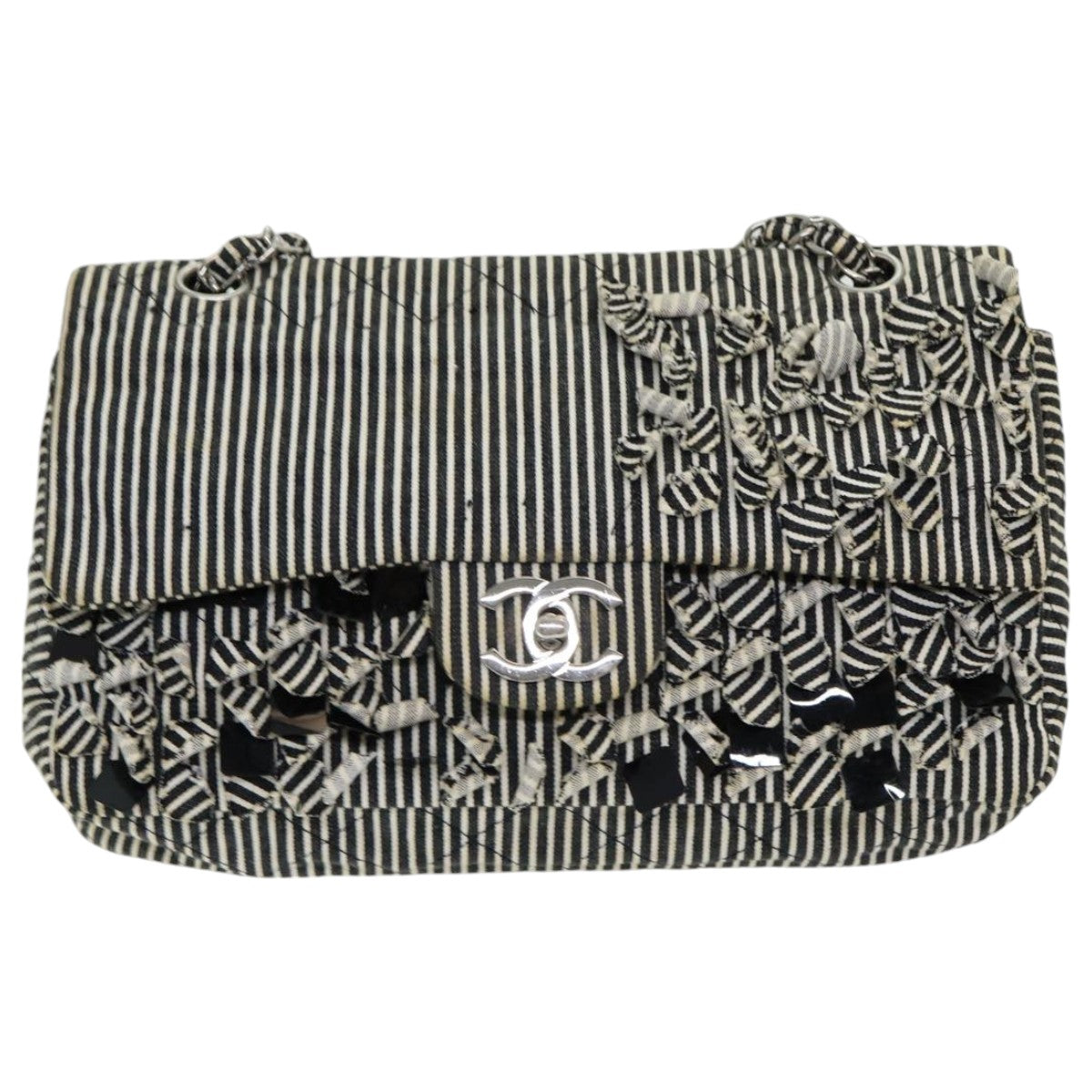 CHANEL Matelasse Turn Lock Chain Hand Bag Canvas Black Silver CC bs16629
