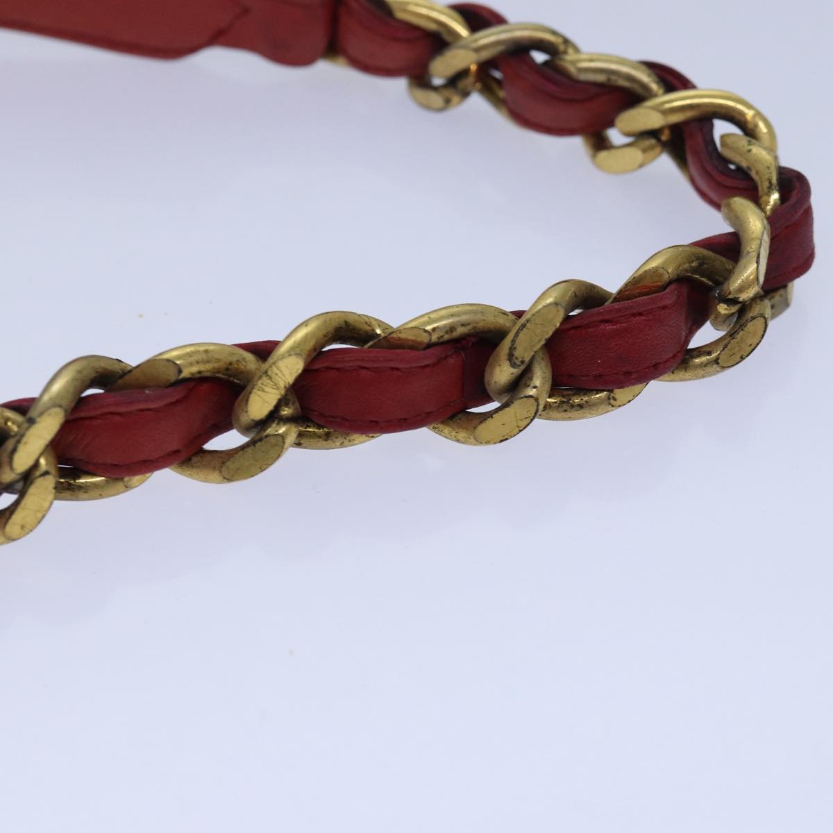 CHANEL Bicolore Chain Belt Leather metal 26.8""-28.7"" Red Gold CC bs16764
