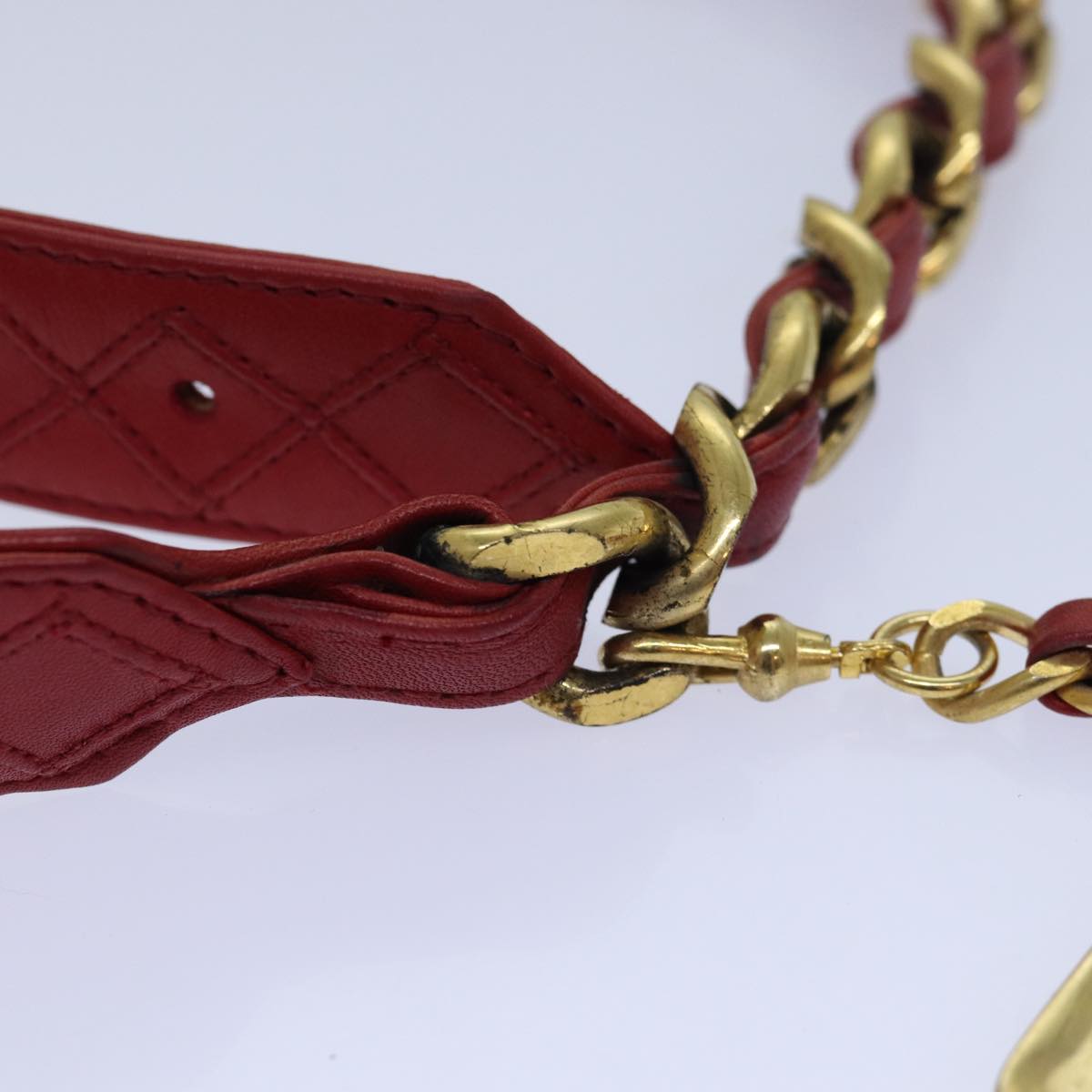 CHANEL Bicolore Chain Belt Leather metal 26.8""-28.7"" Red Gold CC bs16764
