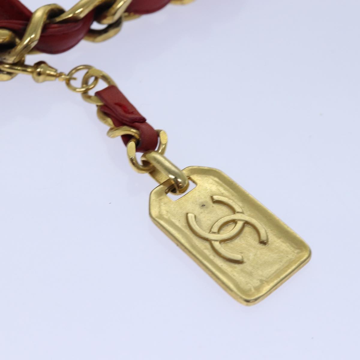 CHANEL Bicolore Chain Belt Leather metal 26.8""-28.7"" Red Gold CC bs16764