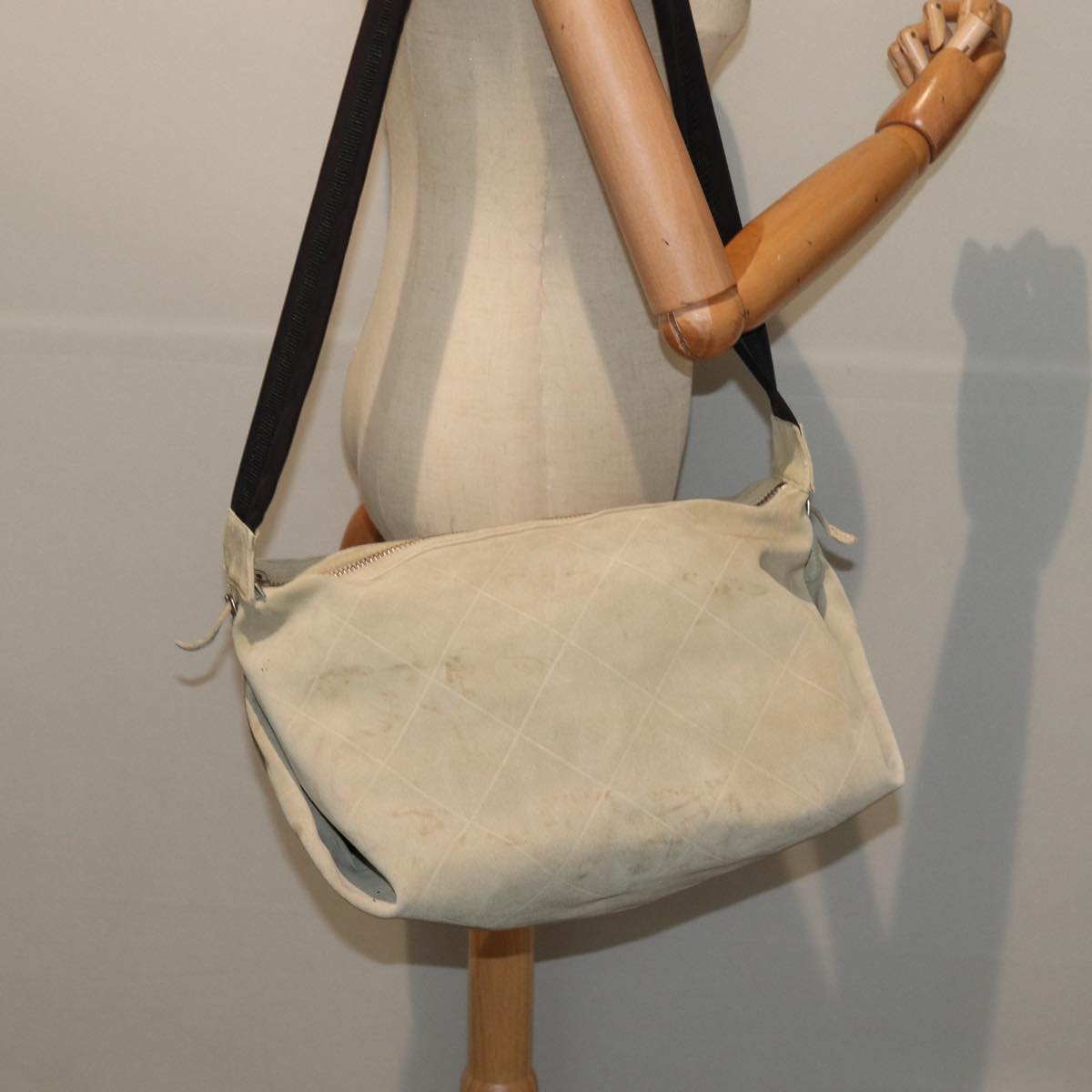 CHANEL Matelasse Shoulder Bag Suede nylon Beige Black Silver CC bs16824