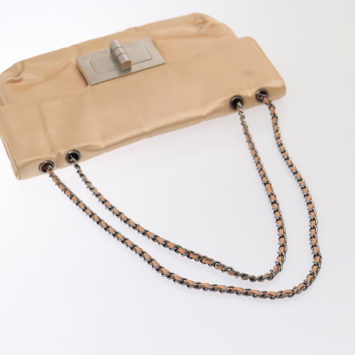 CHANEL Chain Shoulder Bag Satin Beige Silver CC bs16982