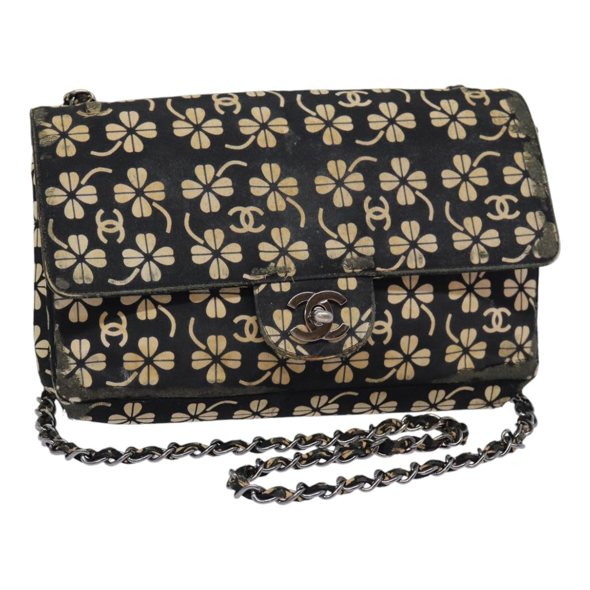 CHANEL Clover Turn Lock Chain Shoulder Bag Canvas Black Silver CC bs16983