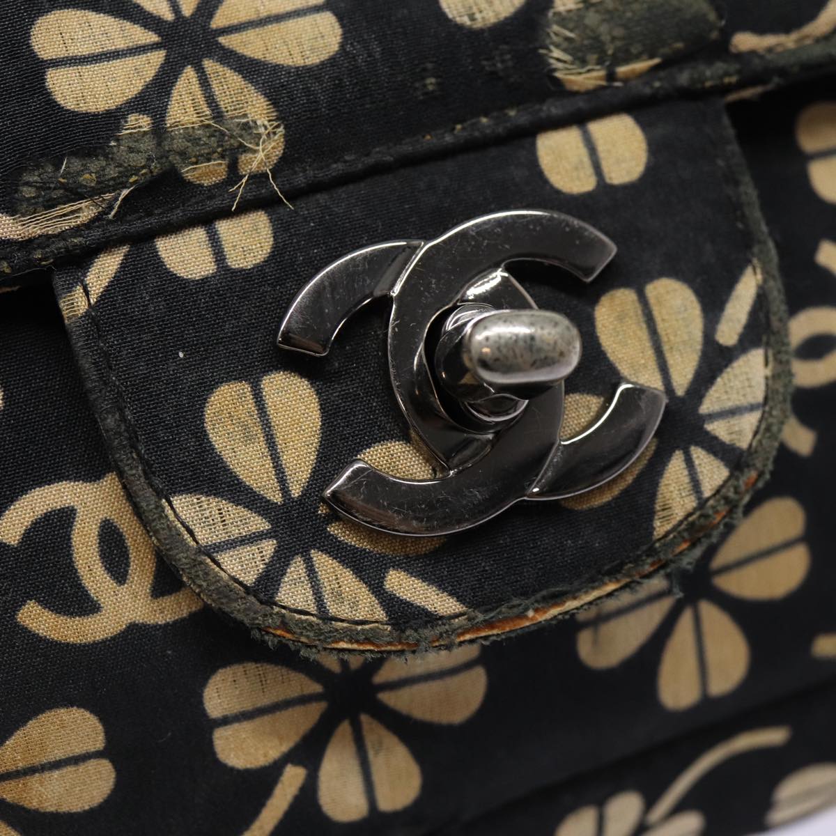 CHANEL Clover Turn Lock Chain Shoulder Bag Canvas Black Silver CC bs16983