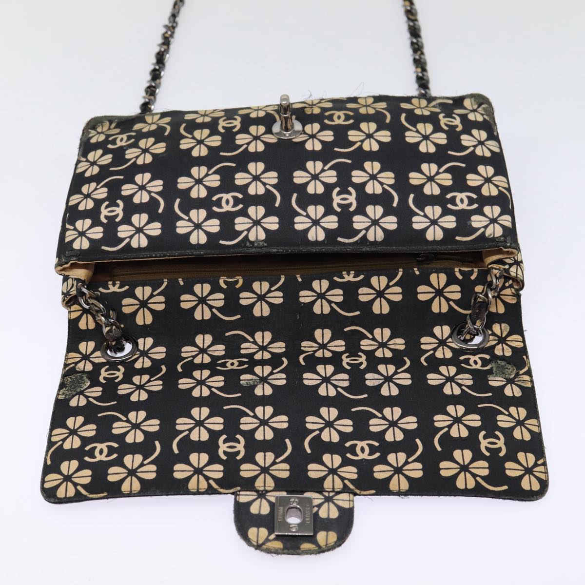 CHANEL Clover Turn Lock Chain Shoulder Bag Canvas Black Silver CC bs16983