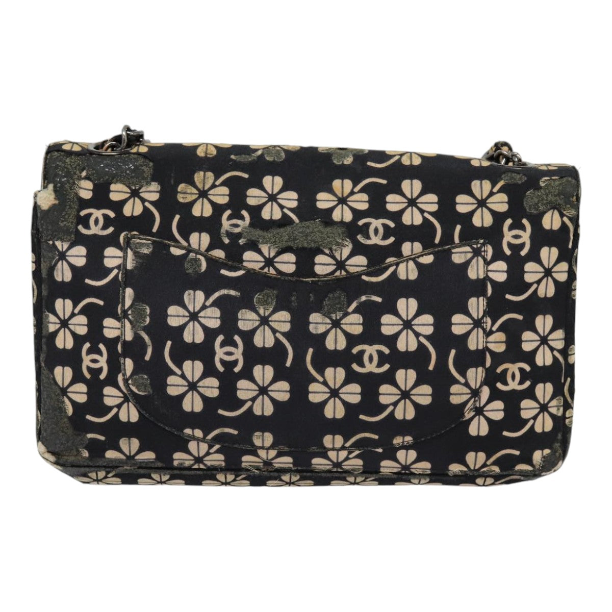 CHANEL Clover Turn Lock Chain Shoulder Bag Canvas Black Silver CC bs16983