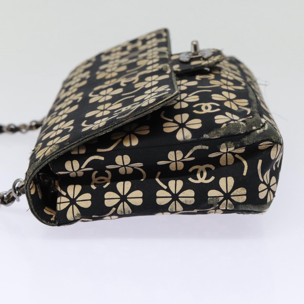 CHANEL Clover Turn Lock Chain Shoulder Bag Canvas Black Silver CC bs16983