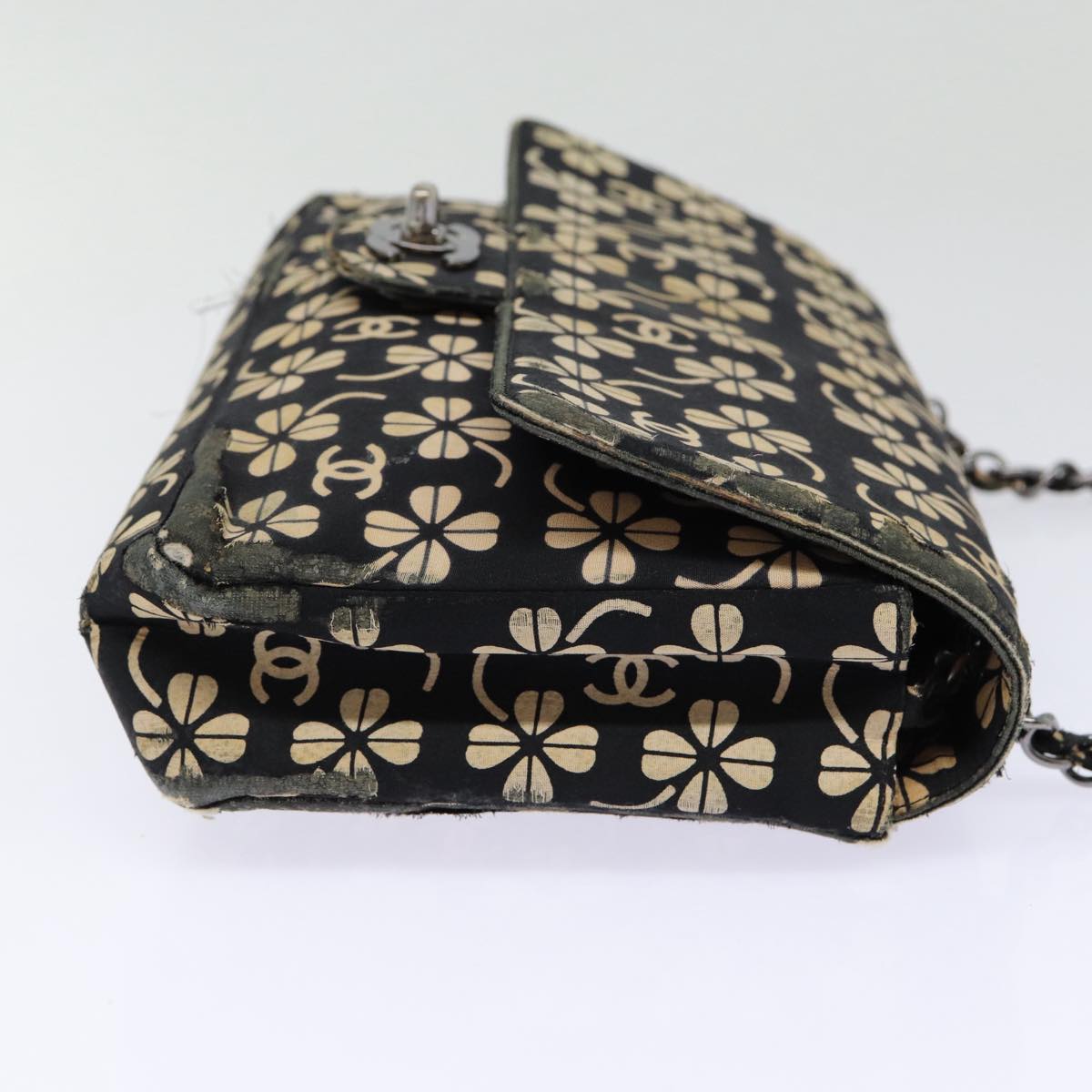 CHANEL Clover Turn Lock Chain Shoulder Bag Canvas Black Silver CC bs16983