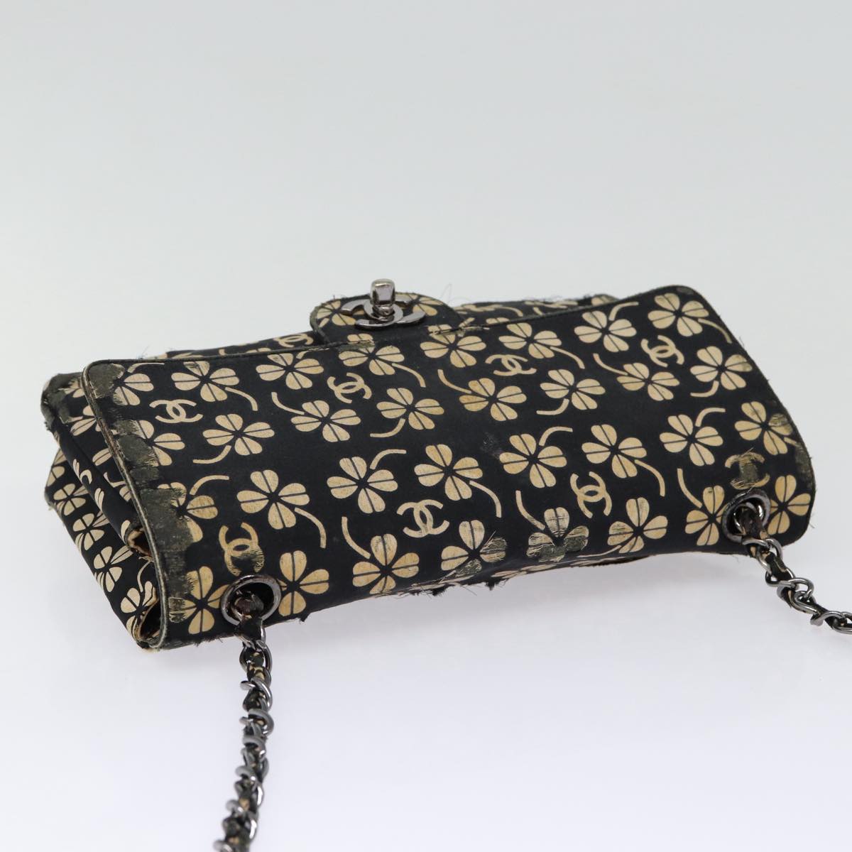 CHANEL Clover Turn Lock Chain Shoulder Bag Canvas Black Silver CC bs16983