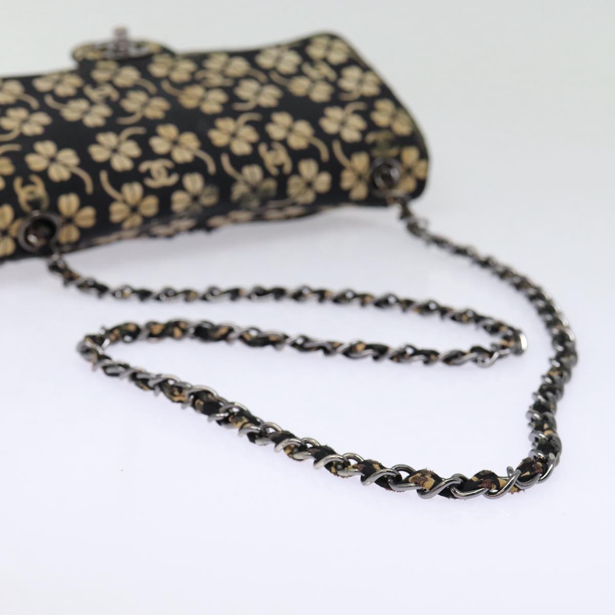 CHANEL Clover Turn Lock Chain Shoulder Bag Canvas Black Silver CC bs16983