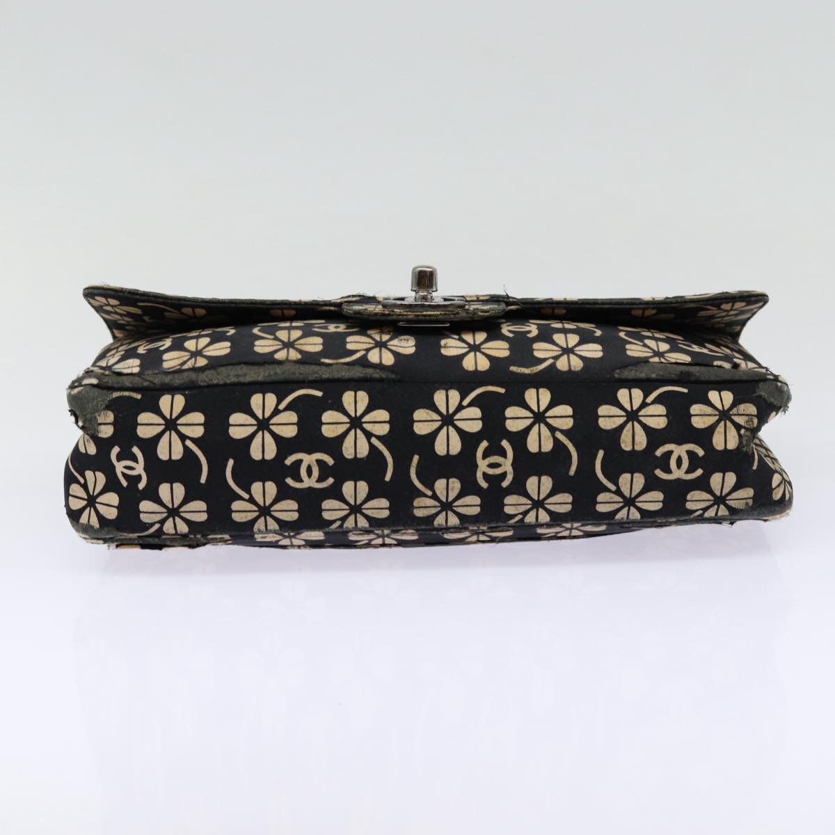 CHANEL Clover Turn Lock Chain Shoulder Bag Canvas Black Silver CC bs16983