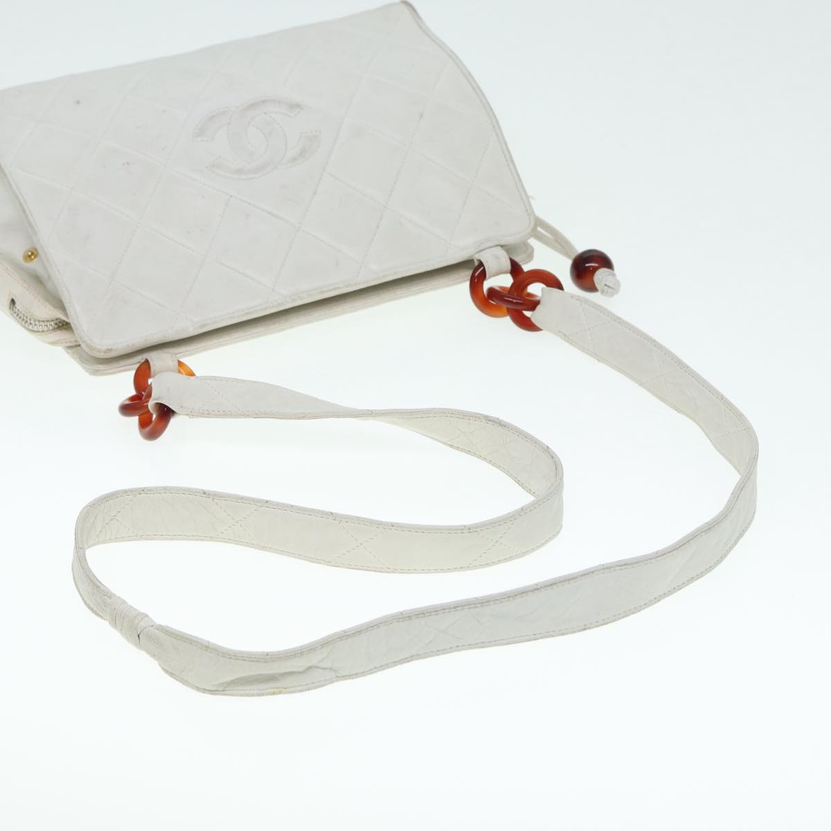 CHANEL Matelasse Shoulder Bag Lamb Skin White Gold CC bs17156