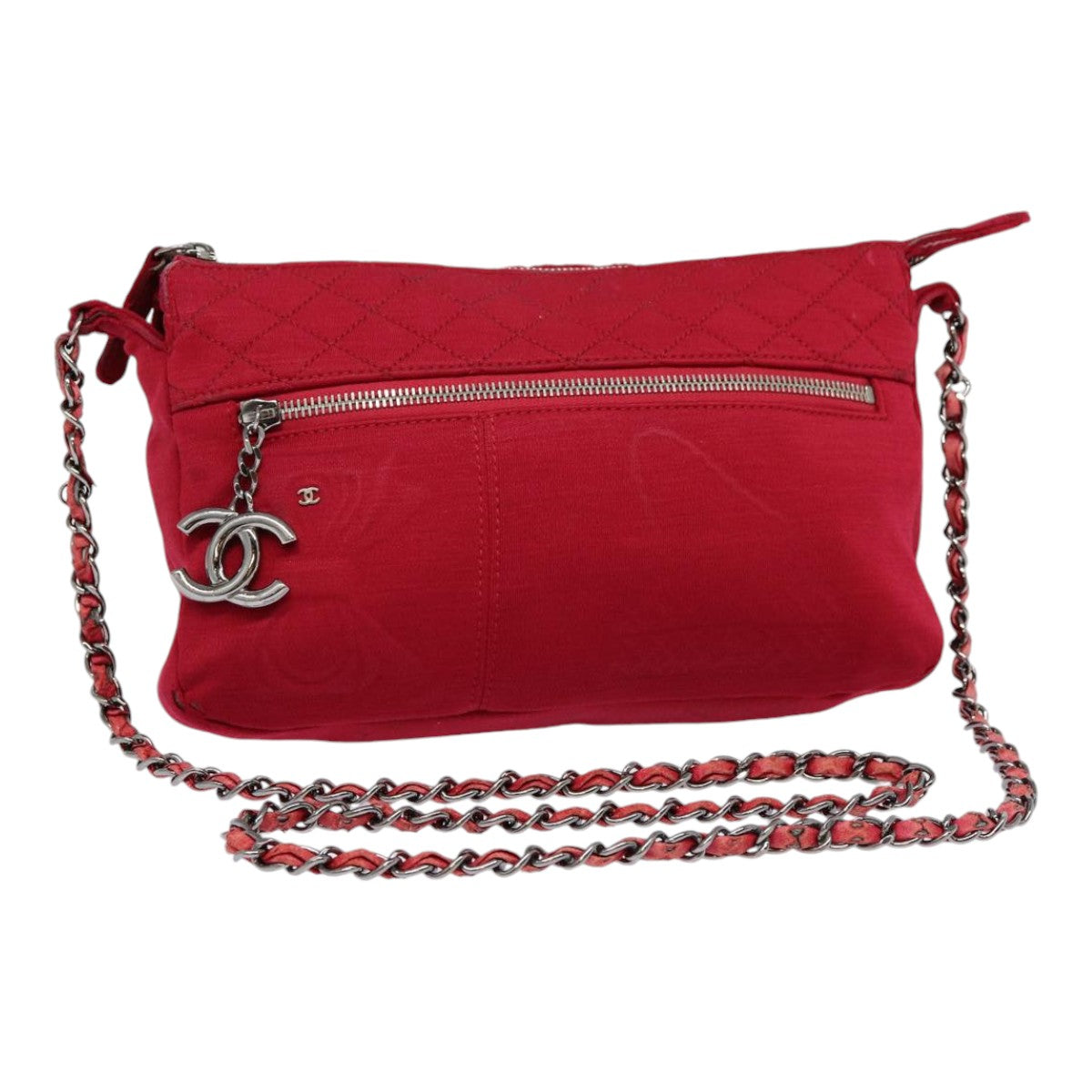 CHANEL Matelasse Chain Shoulder Bag Cotton Red Silver CC bs17224