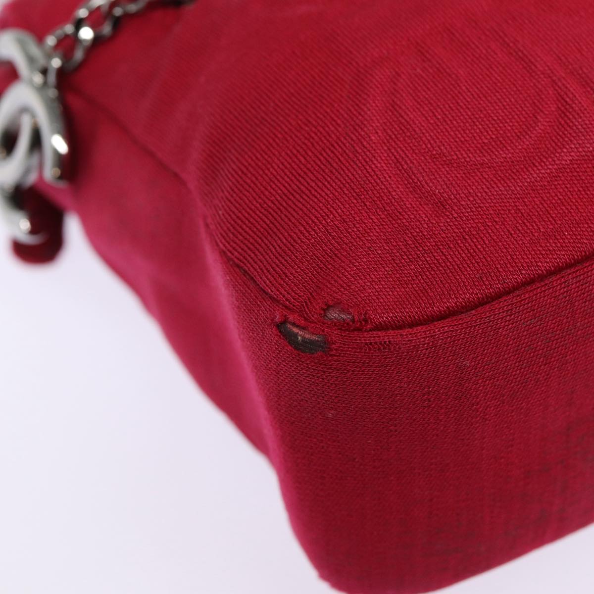 CHANEL Matelasse Chain Shoulder Bag Cotton Red Silver CC bs17224