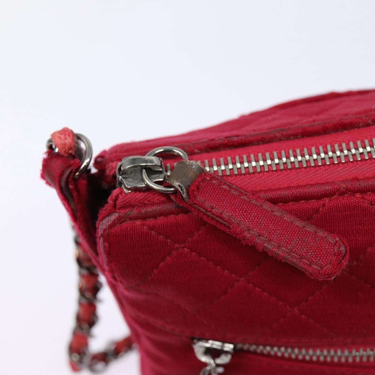 CHANEL Matelasse Chain Shoulder Bag Cotton Red Silver CC bs17224