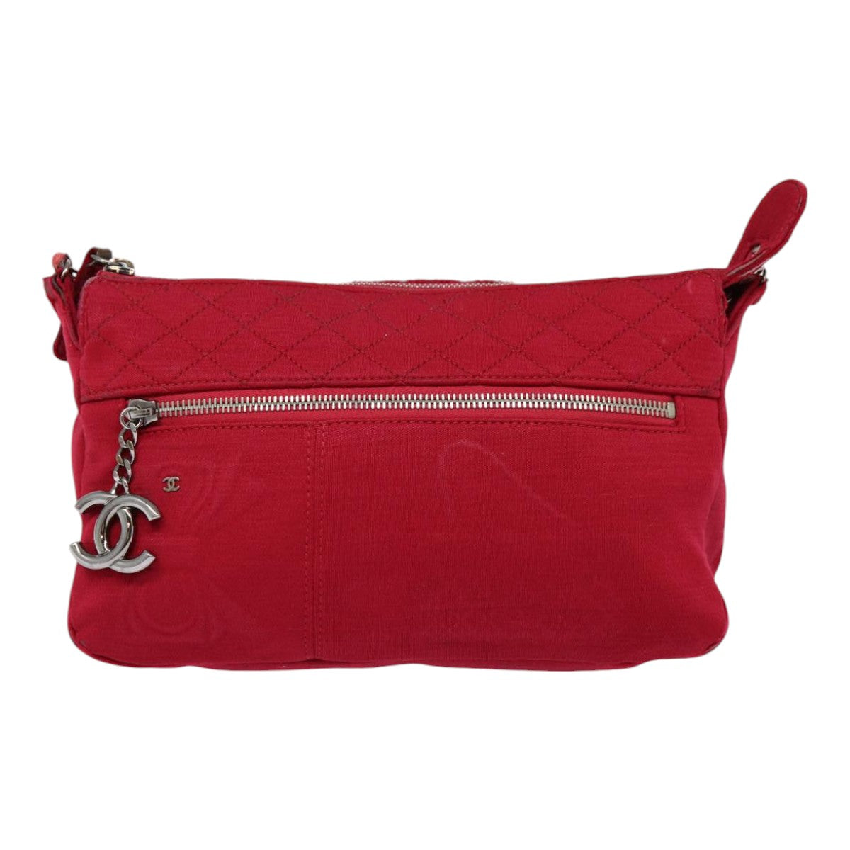 CHANEL Matelasse Chain Shoulder Bag Cotton Red Silver CC bs17224