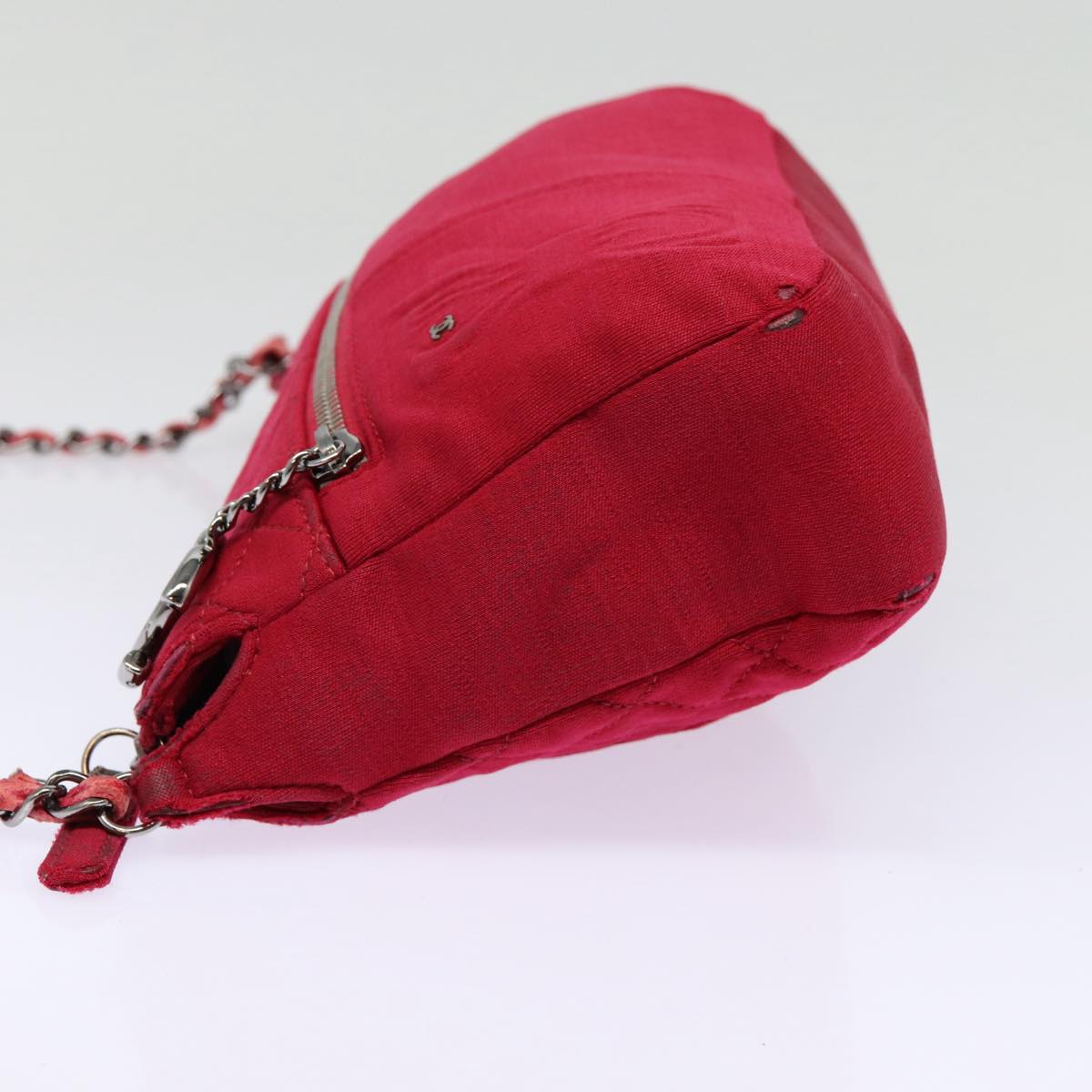 CHANEL Matelasse Chain Shoulder Bag Cotton Red Silver CC bs17224