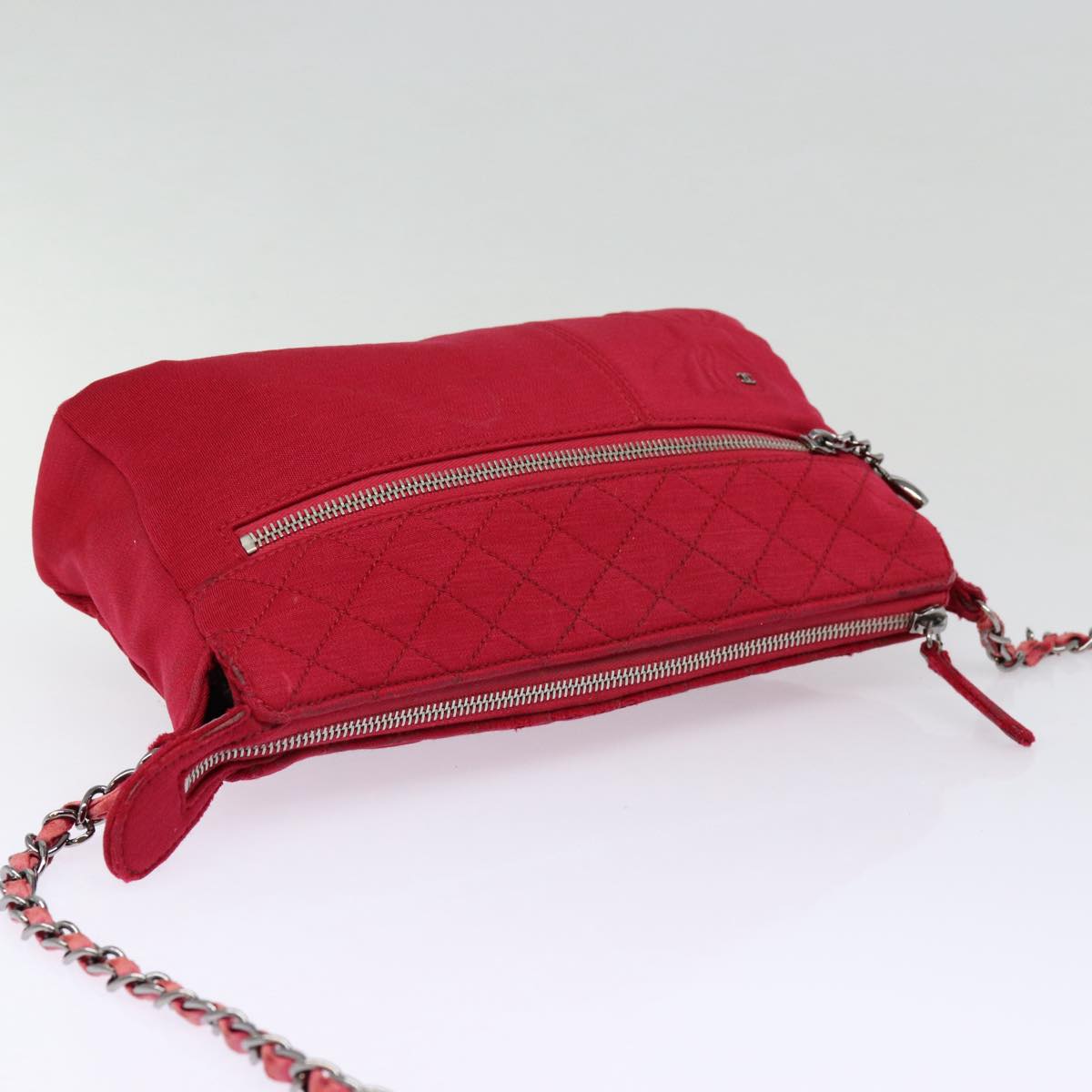 CHANEL Matelasse Chain Shoulder Bag Cotton Red Silver CC bs17224