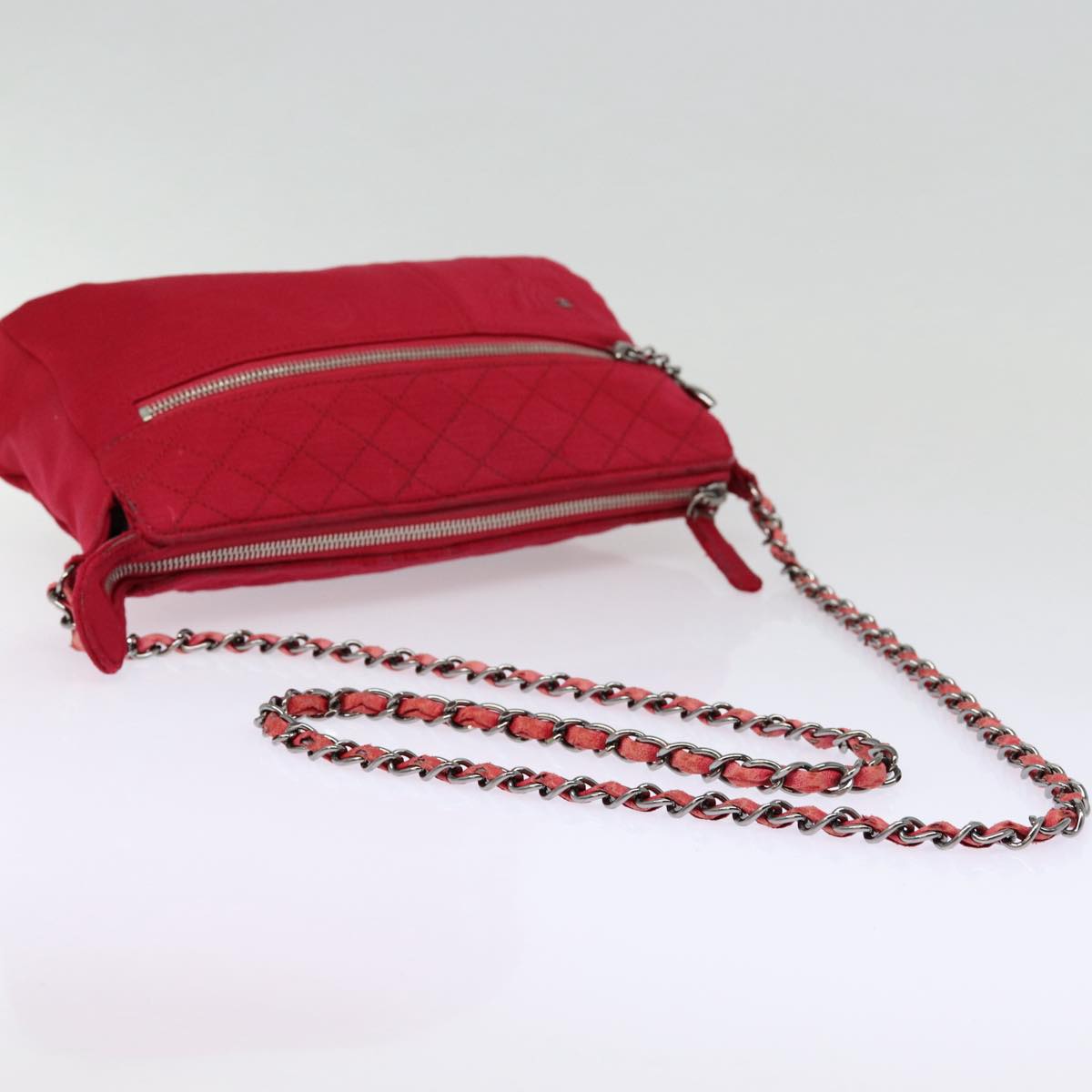 CHANEL Matelasse Chain Shoulder Bag Cotton Red Silver CC bs17224