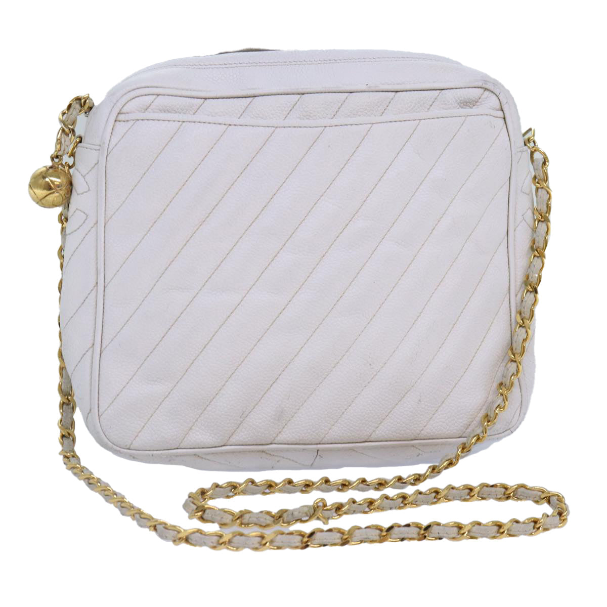 CHANEL Mademoiselle Chain Shoulder Bag Caviar Skin White Gold CC bs17332
