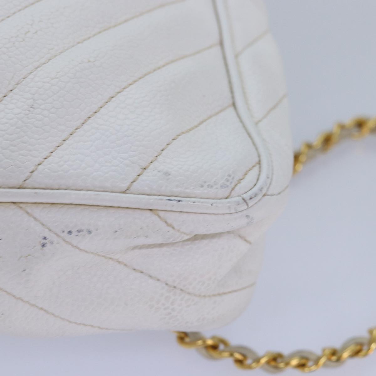 CHANEL Mademoiselle Chain Shoulder Bag Caviar Skin White Gold CC bs17332