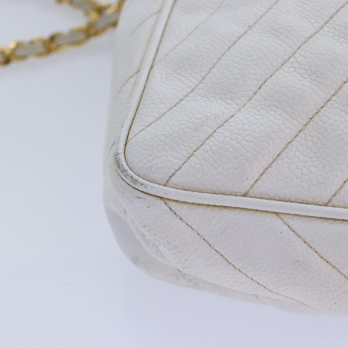CHANEL Mademoiselle Chain Shoulder Bag Caviar Skin White Gold CC bs17332