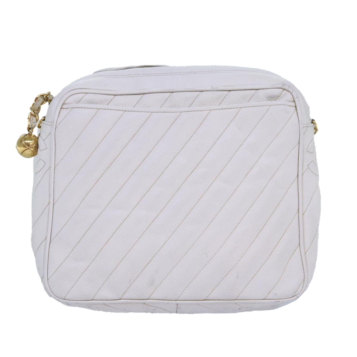 CHANEL Mademoiselle Chain Shoulder Bag Caviar Skin White Gold CC bs17332