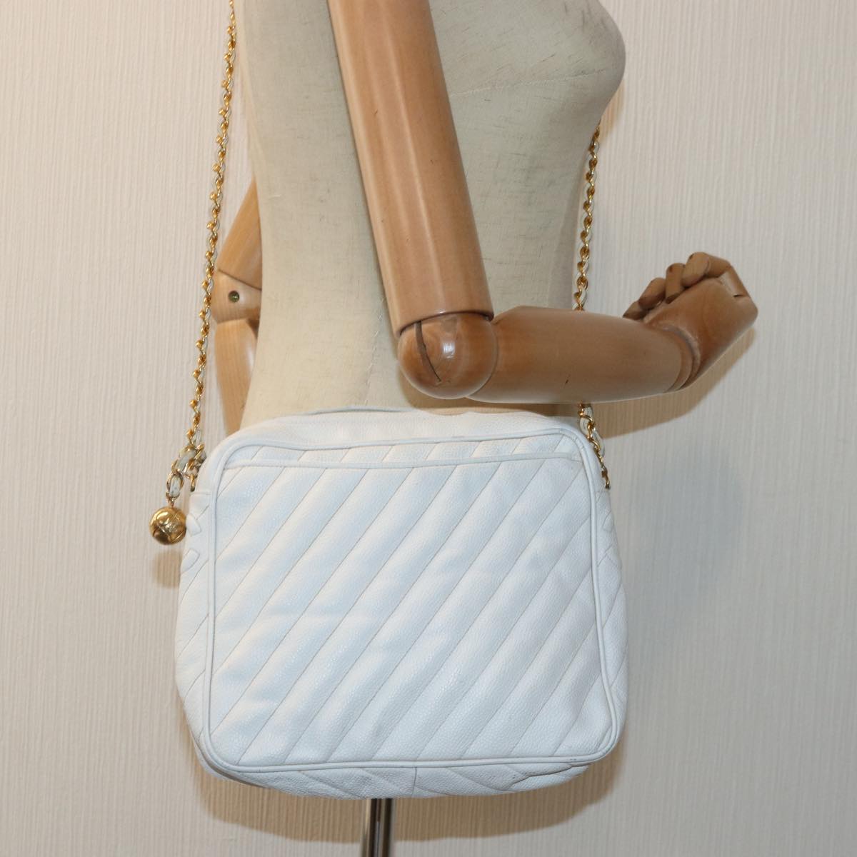 CHANEL Mademoiselle Chain Shoulder Bag Caviar Skin White Gold CC bs17332