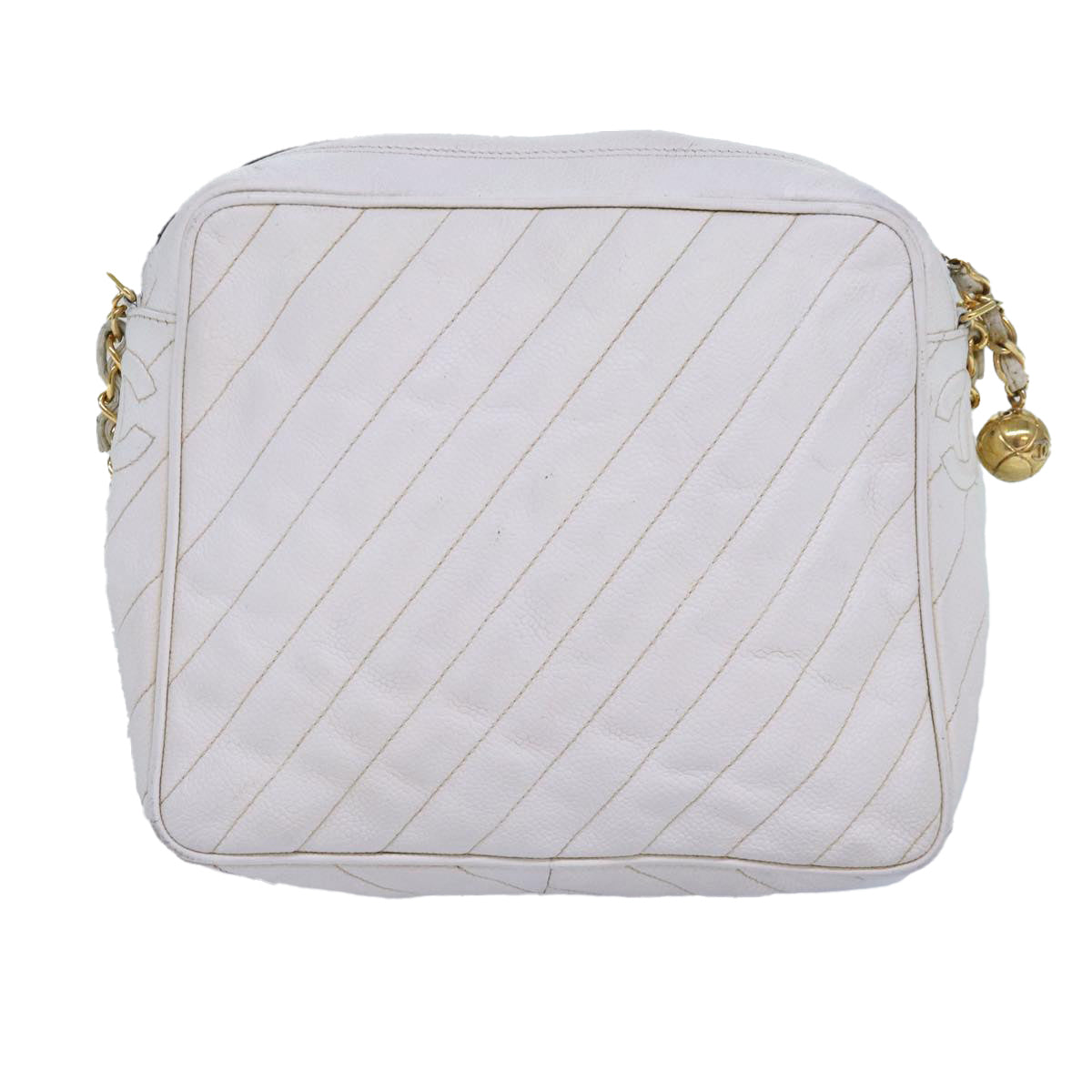 CHANEL Mademoiselle Chain Shoulder Bag Caviar Skin White Gold CC bs17332