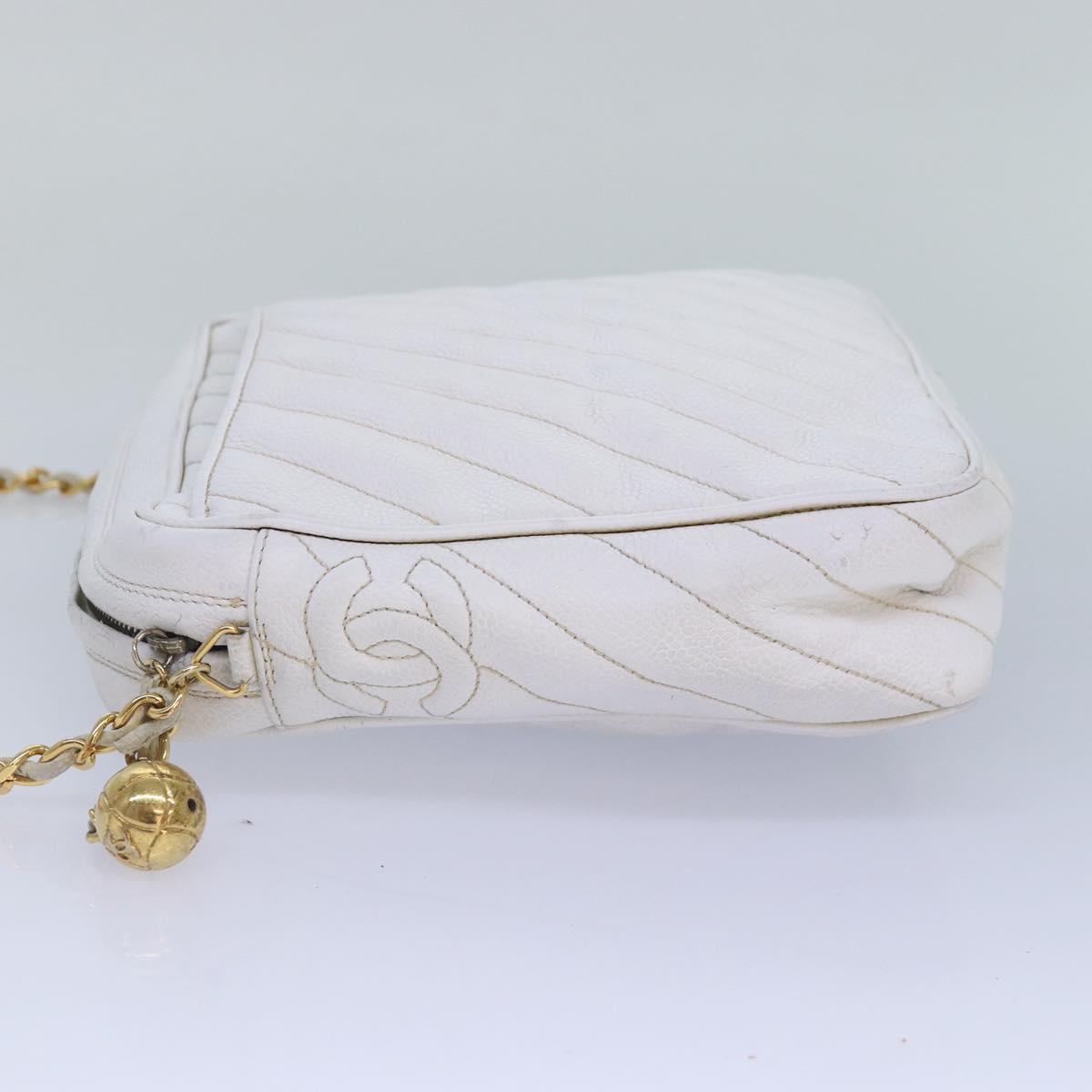CHANEL Mademoiselle Chain Shoulder Bag Caviar Skin White Gold CC bs17332