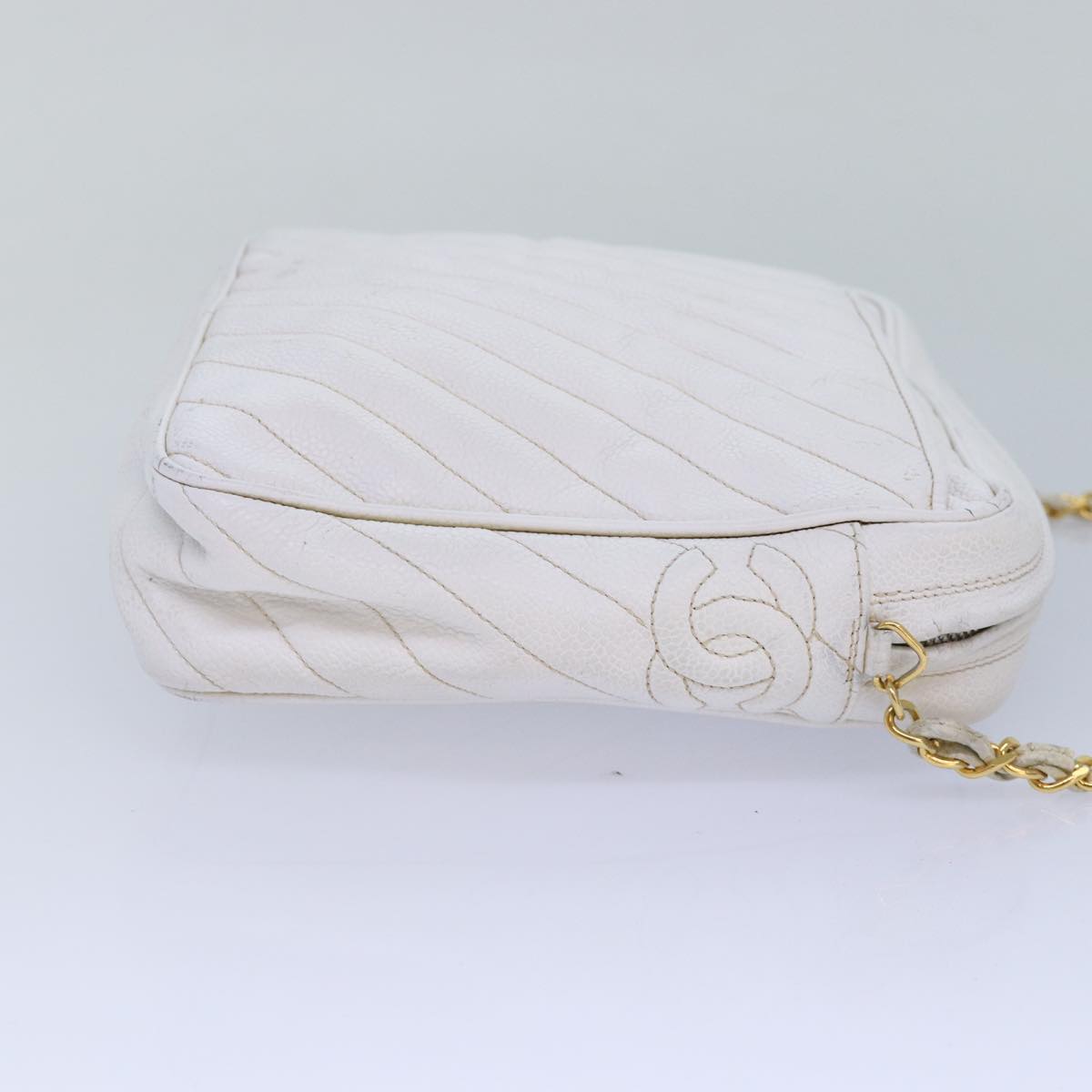 CHANEL Mademoiselle Chain Shoulder Bag Caviar Skin White Gold CC bs17332