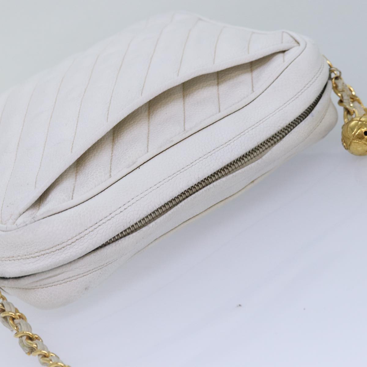 CHANEL Mademoiselle Chain Shoulder Bag Caviar Skin White Gold CC bs17332