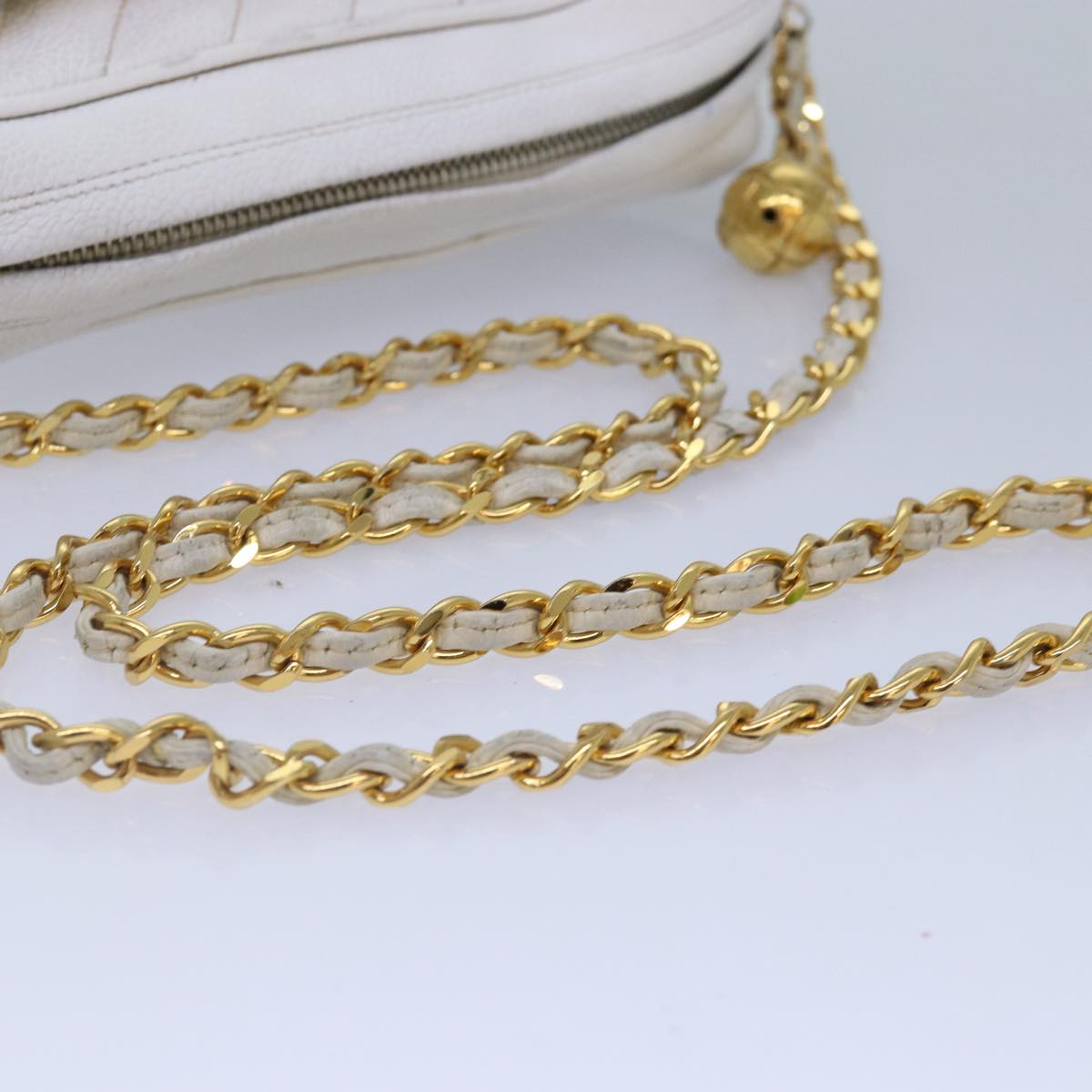 CHANEL Mademoiselle Chain Shoulder Bag Caviar Skin White Gold CC bs17332